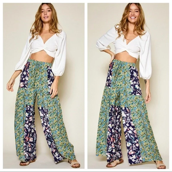 Lindsey boho chic wide leg mixed floral print pants - Picture 3 of 4